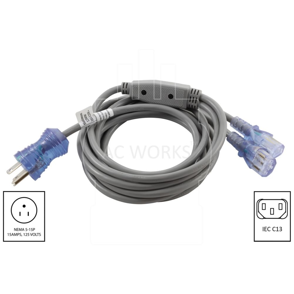 10A 10FT 18/3 Medical Hospital Grade Y Power Cord with (2) IEC C13