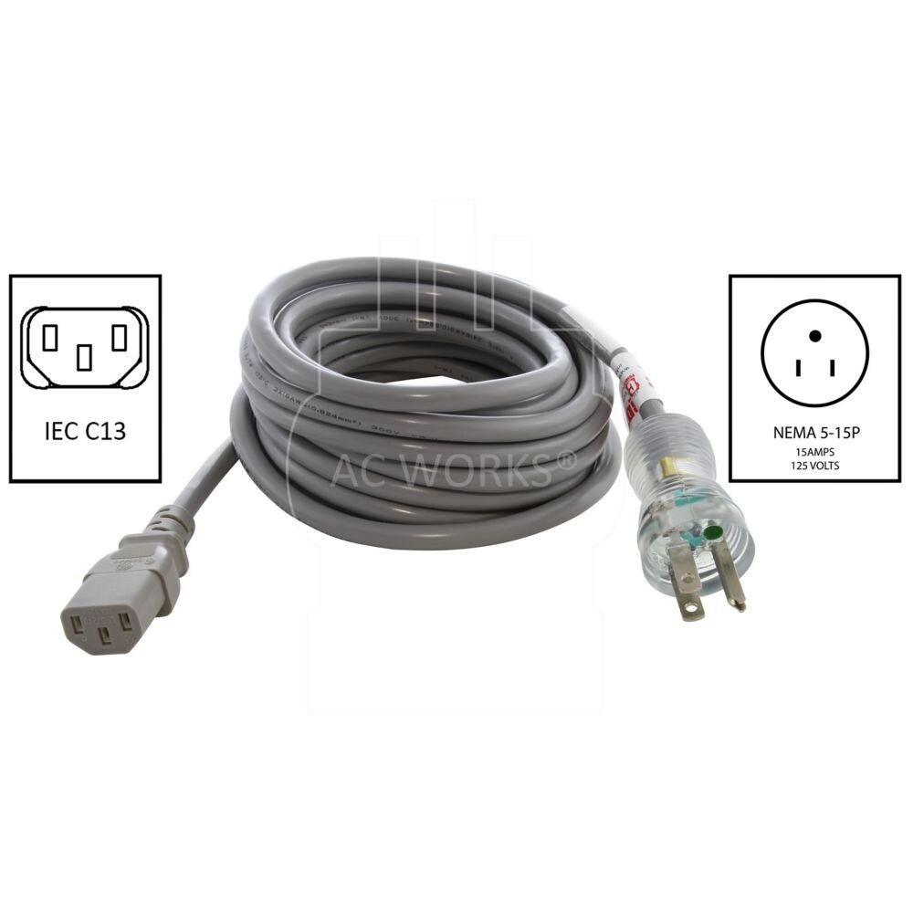 15ft. 13A 16/3 Medical Grade Power Cord With IEC C13 Connector