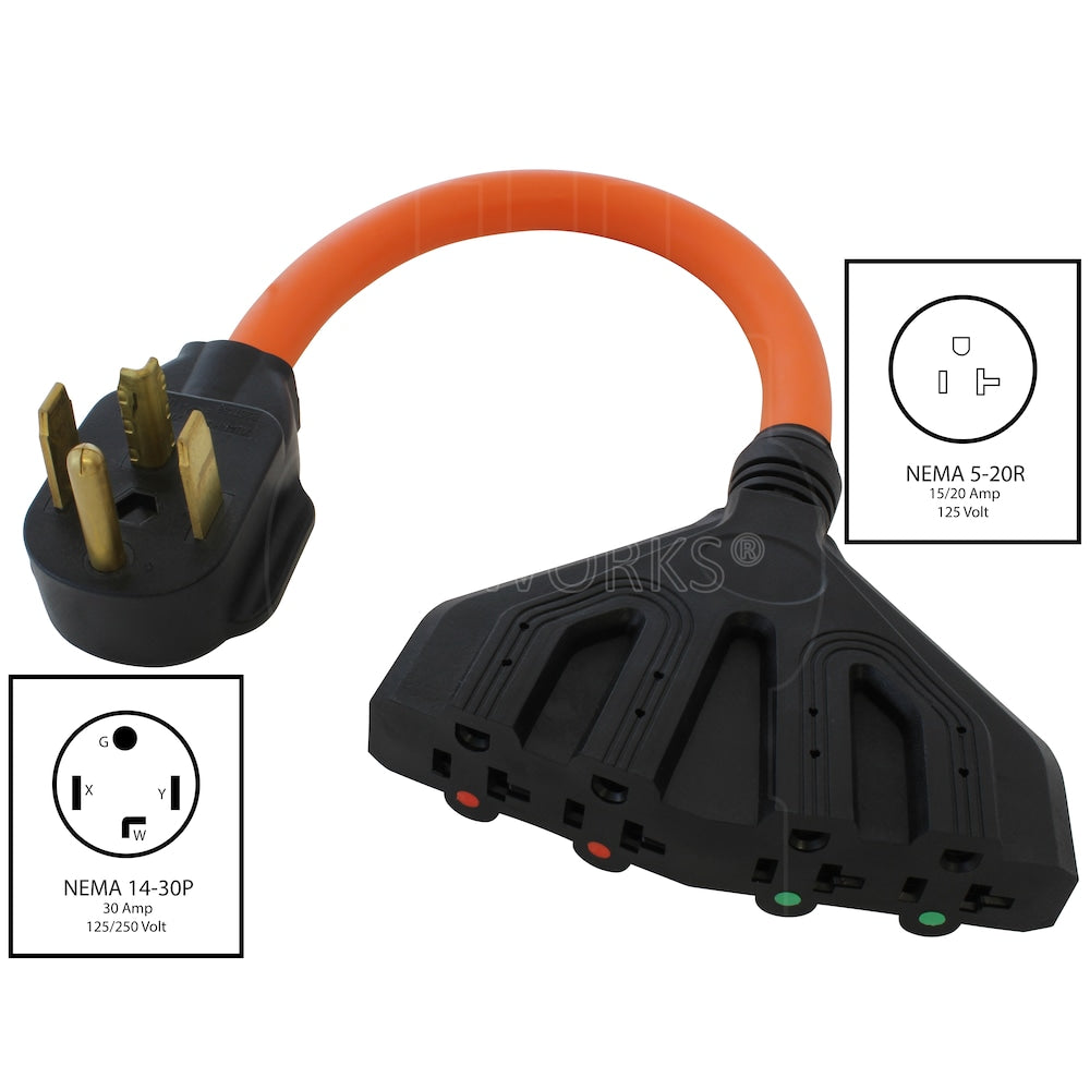 1.5FT 10/4 NEMA 14-30P 4-Prong Dryer Plug to (4) NEMA 5-15/20R Connector