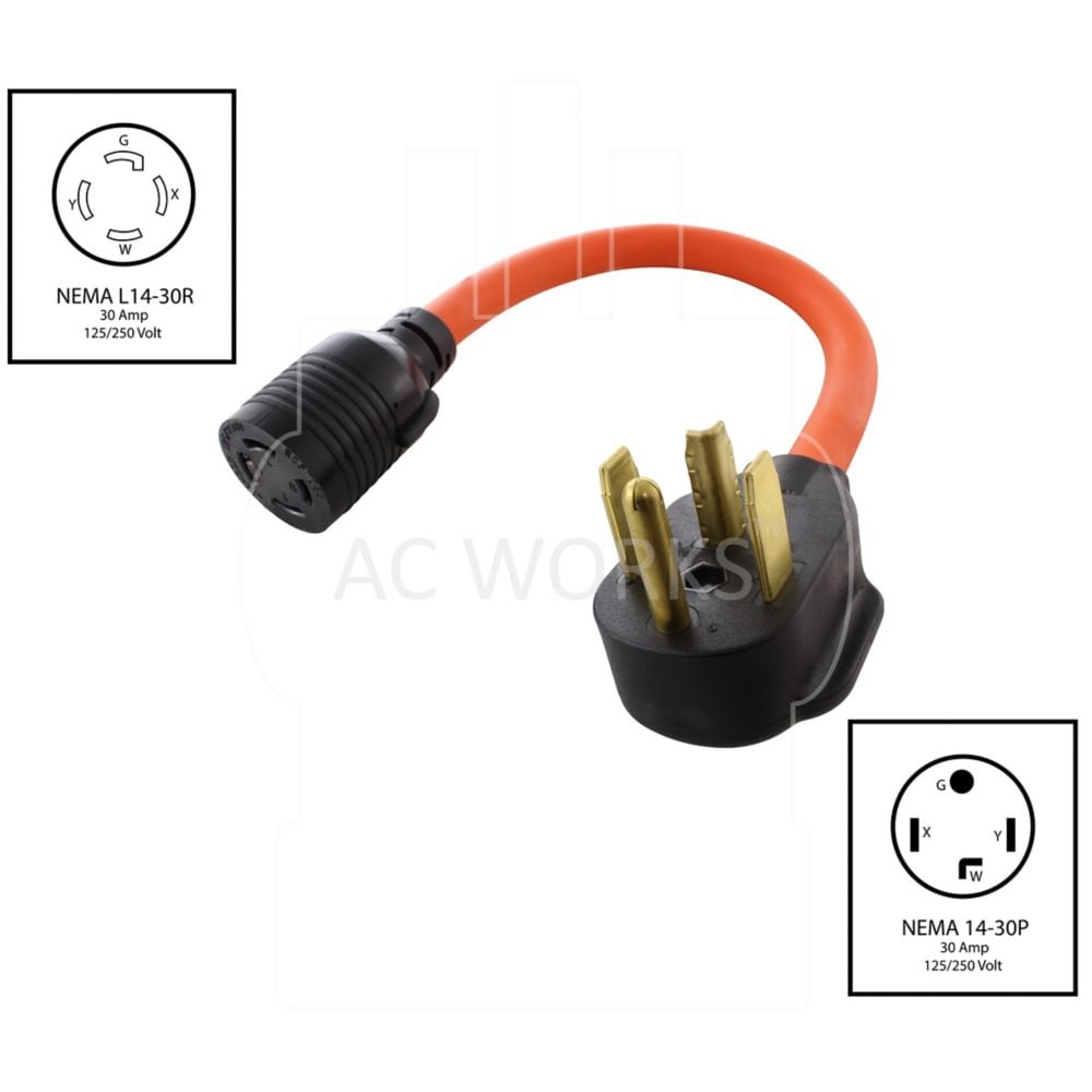 1.5FT NEMA 14-30P 30A 4-Prong Dryer Plug to L14-30R 4-Prong 30A Generator Locking Female