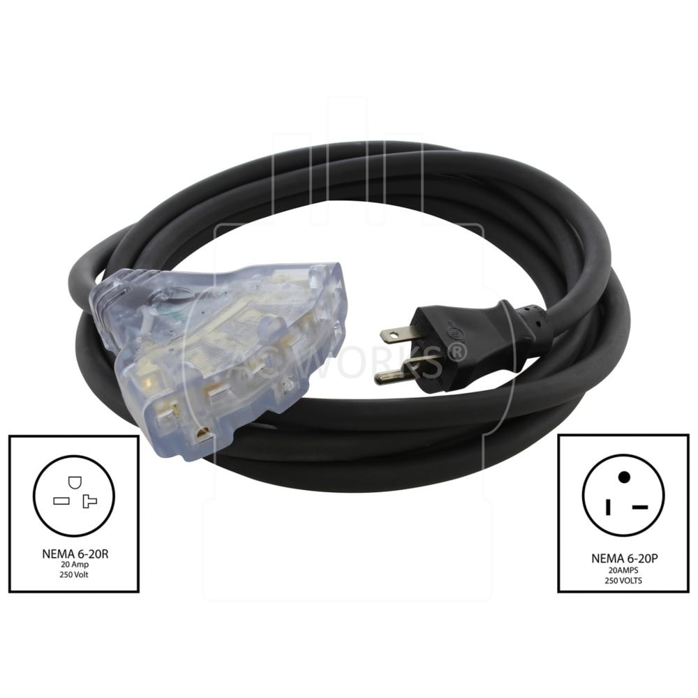 10FT SJTW 12/3 NEMA 6-20 20A 250V Plug to Lighted 15/20A 250V Multi-Outlets
