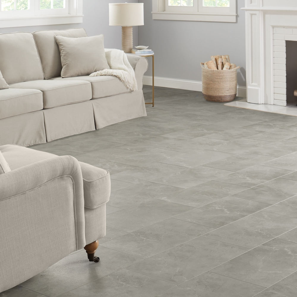 Dalhart Gray Revêtement de sol en carreaux de vinyle de luxe imperméables à encliquetage de 6,5 mm x 12 po de largeur x 23,82 po de longueur 12 MIL (23,82 pi2/caisse)