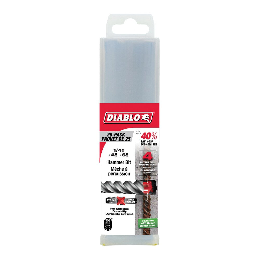 Rebar Demon Foret à percussion à tête entièrement en carbure SDS-Plus à 4 couteaux de 1/4 po x 4 po x 6 po pour le perçage du béton/des barres d'armature (paquet de 25)