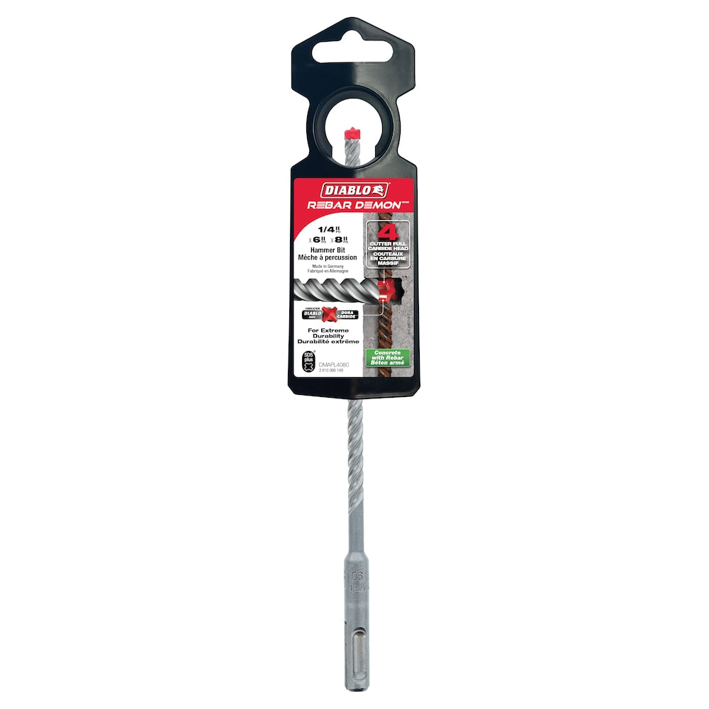 Rebar Demon Foret à percussion à tête entièrement en carbure SDS-Plus à 4 couteaux, 1/4 po x 6 po x 8 po pour le perçage du béton et des barres d'armature