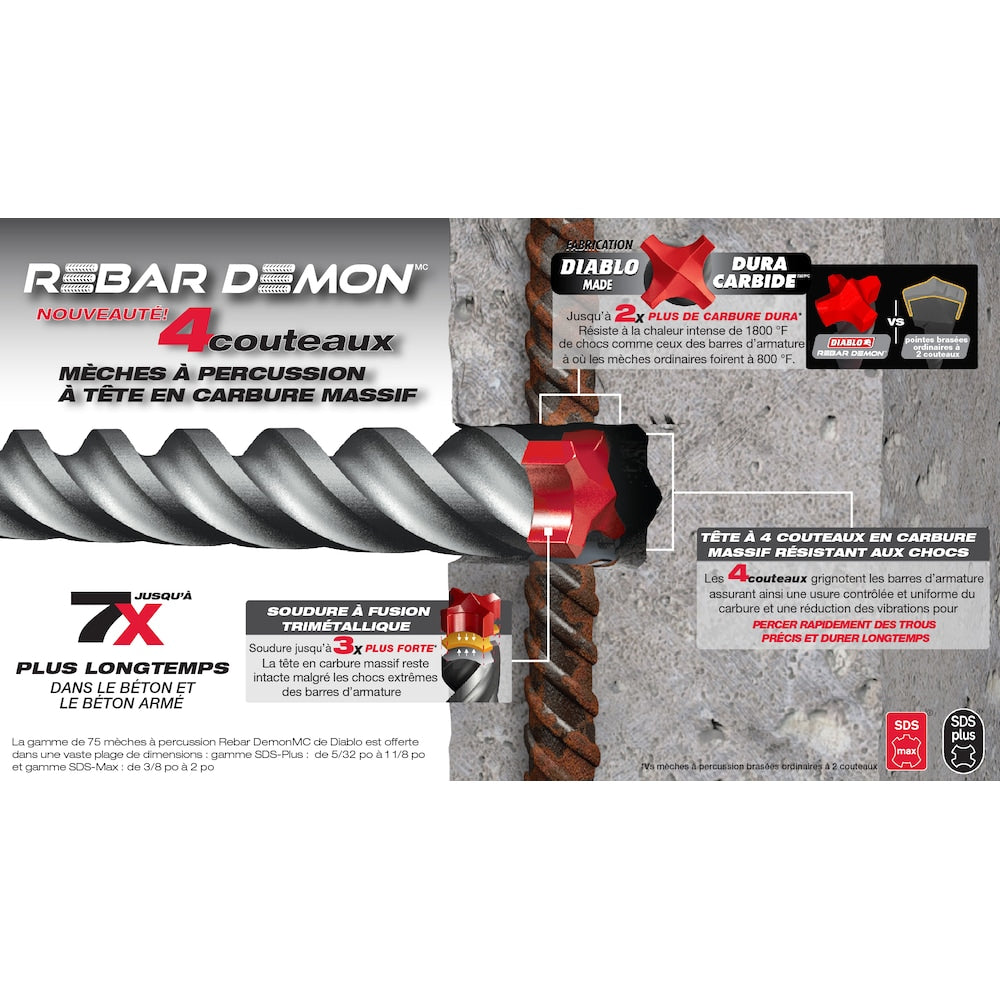 Foret à percussion à tête entièrement en carbure SDS-Plus à 4 tranchants Rebar Demon 1 1/8 po x 16 po x 18 po pour le perçage du béton et des barres d'armature