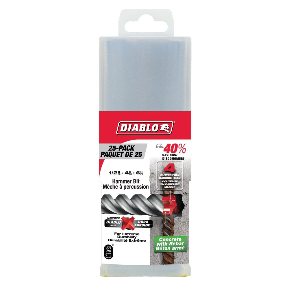 Rebar Demon Foret à percussion à tête entièrement en carbure SDS-Plus à 4 couteaux, 1/2 po x 4 po x 6 po pour le perçage du béton/des barres d'armature (paquet de 25)