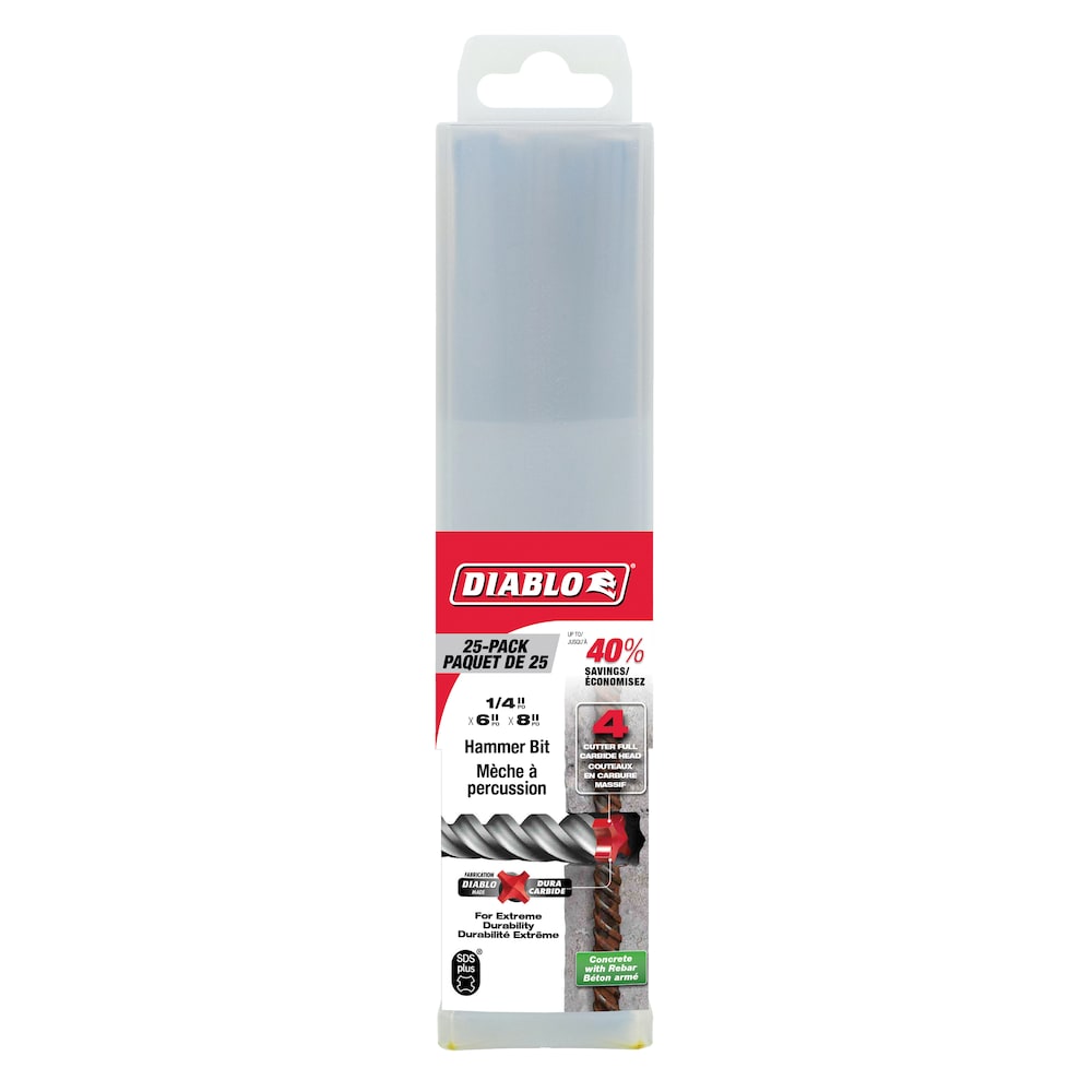Foret à percussion à tête entièrement en carbure SDS-Plus 4-Cutter Rebar Demon 1/4 po x 6 po x 8 po pour le perçage du béton/des barres d'armature (paquet de 25)