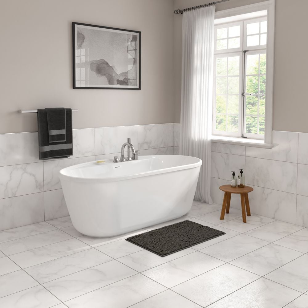 Baignoire autoportante ovale Emica 64 po L x 34 po l x 23 po H en 2 pièces AcrlyX, drain central, en blanc avec profondeur de trempage de 15,75 po