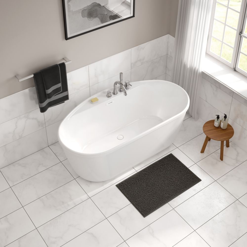 Baignoire autoportante ovale Emica 64 po L x 34 po l x 23 po H en 2 pièces AcrlyX, drain central, en blanc avec profondeur de trempage de 15,75 po