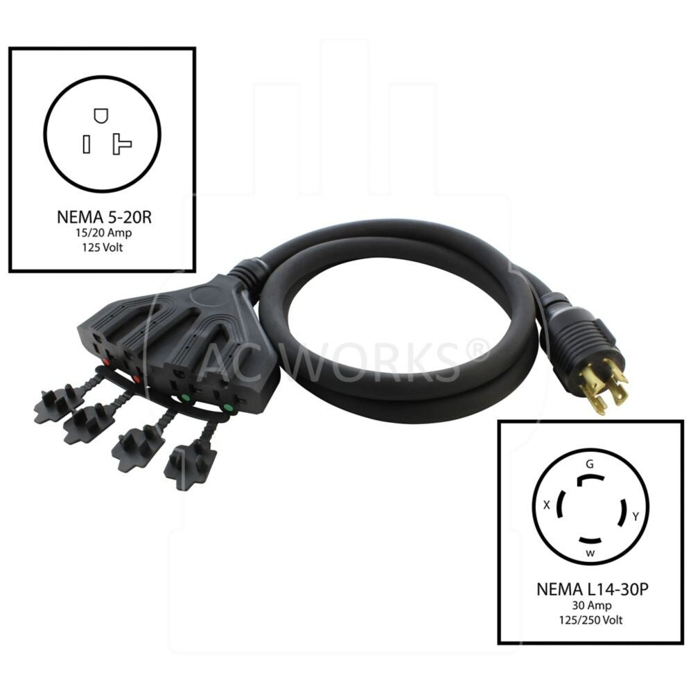 Prise de verrouillage 5 pieds L14-30P à 4 broches 30A vers (4) PDU domestique 15/20A