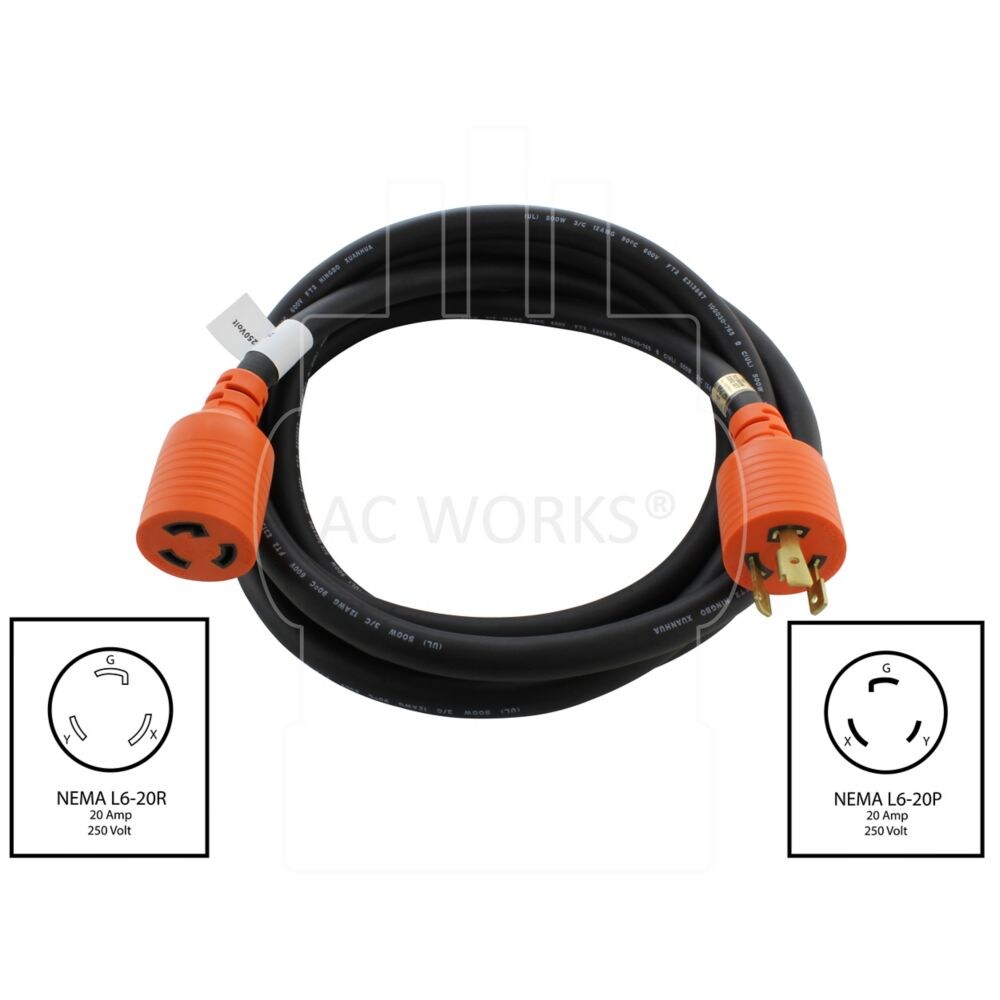 10ft. SOOW 12/3 NEMA L6-20 20A 250V Rubber Extension Cord