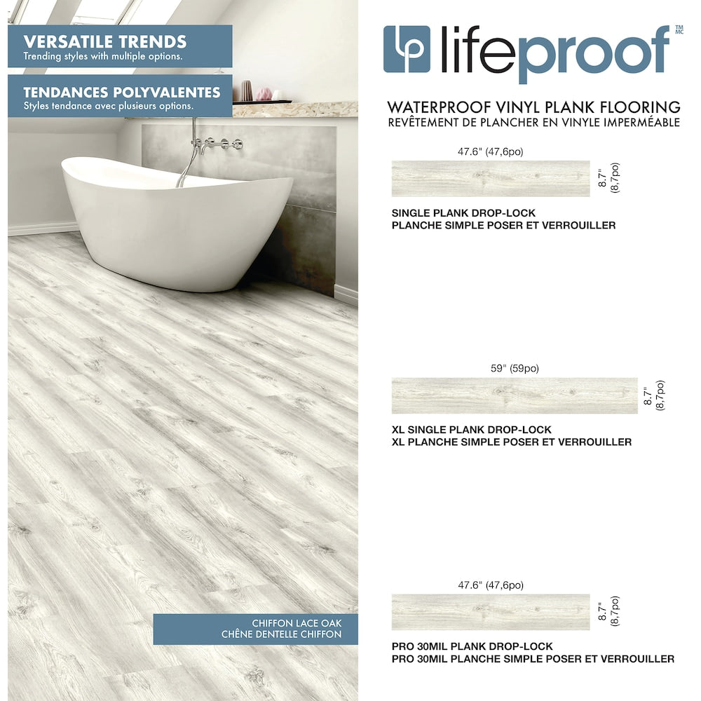 Plancher de vinyle de luxe imperméable à encliquetage en chêne Chiffon Lace de 7 mm x 8,7 po l x 47,6 po L 22 MIL (20,06 pi2/caisse)