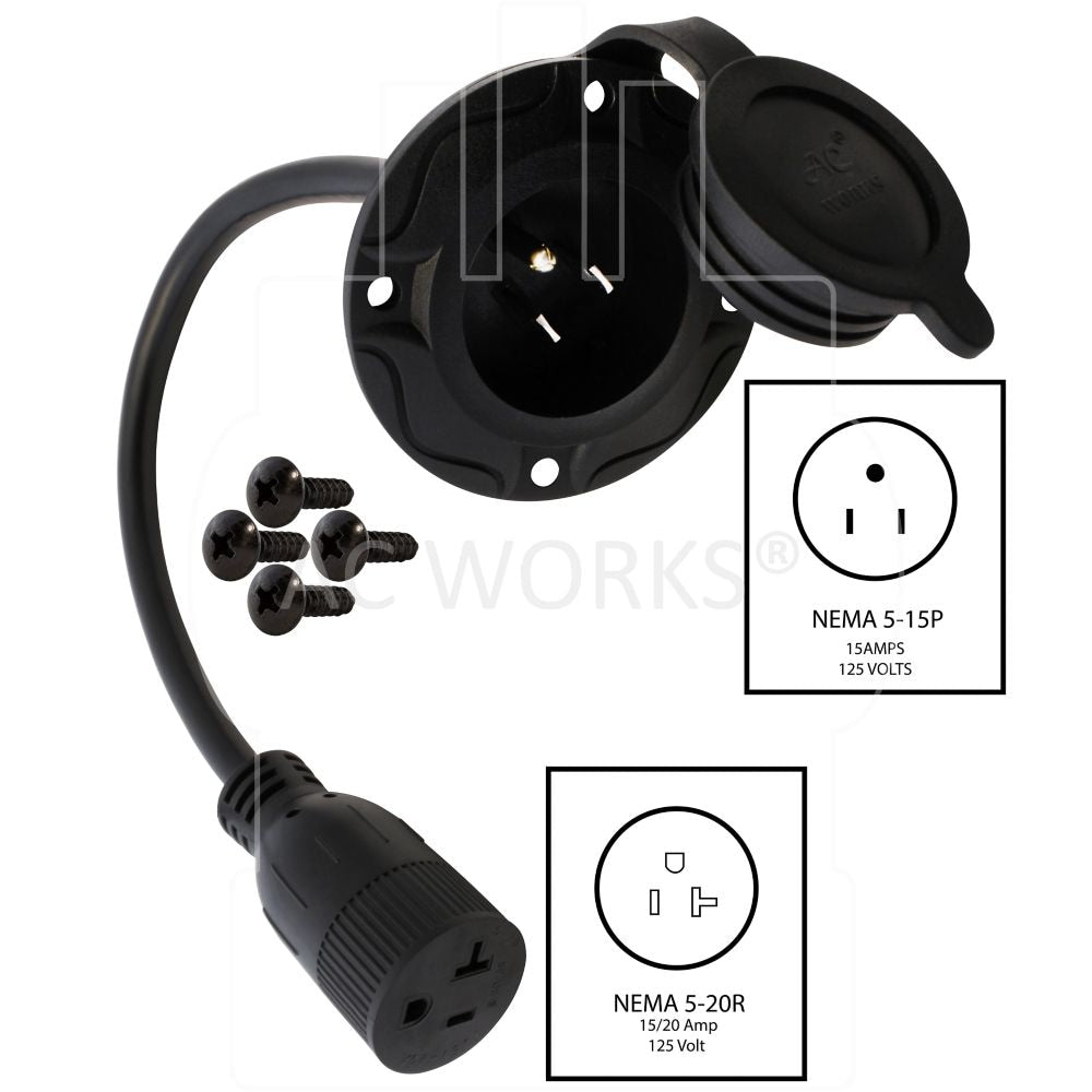 1.5FT 12/3 15 Amp 125 Volt NEMA 5-15P Flanged Power Input Inlet extension cord with Cover