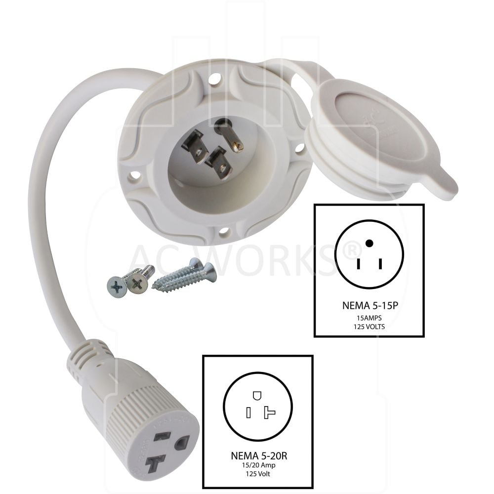 1.5FT 12/3 15 Amp 125 Volt NEMA 5-15P White Flanged Power Input Inlet extension cord with Cover