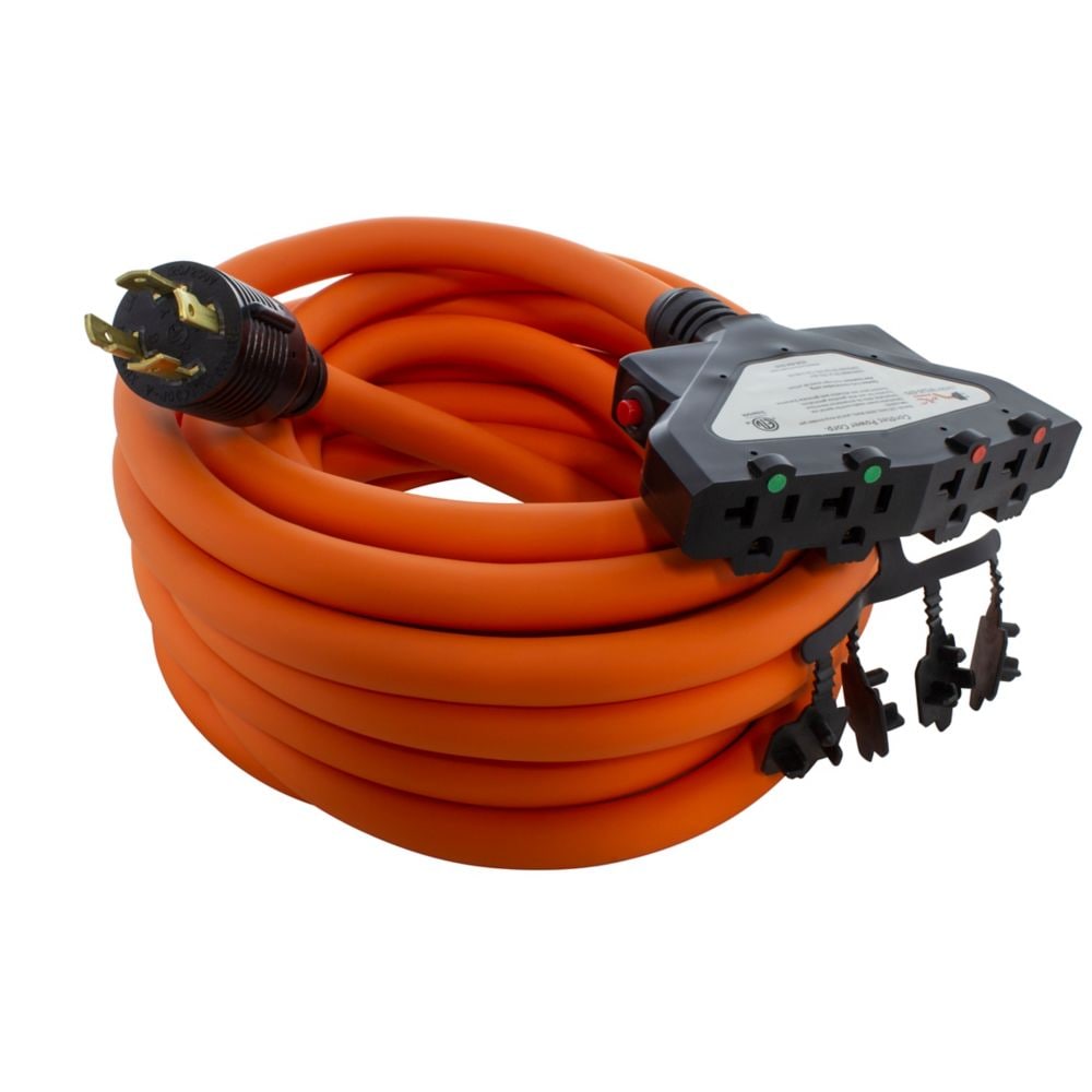 25FT L14-30P 30A 4-Prong Generator Locking Plug to (4) Household Outlets with 24A Breaker