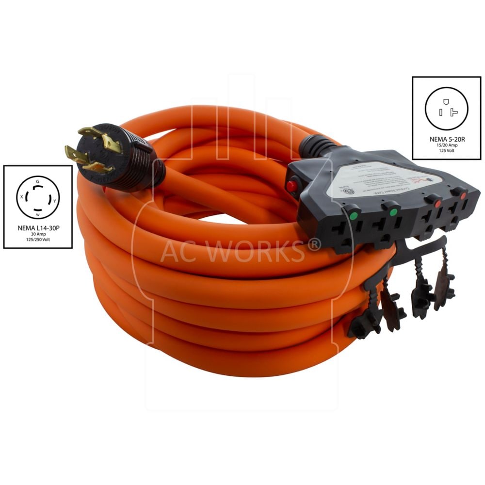 25FT L14-30P 30A 4-Prong Generator Locking Plug to (4) Household Outlets with 24A Breaker