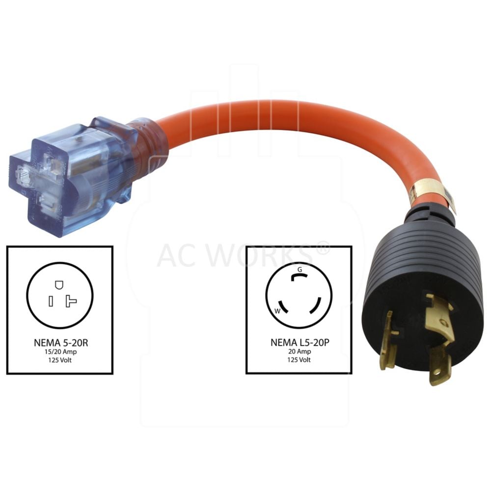 1FT 20A 3-Prong L5-20P Plug to 15/20A Household T-Blade Lighted Connector