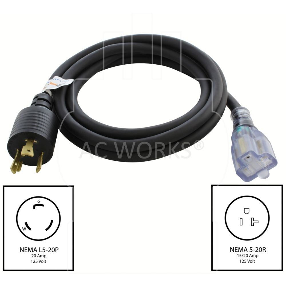 8FT 20A 3-Prong L5-20P Plug to 15/20A 5-15/20R T-Blade Lighted Connector