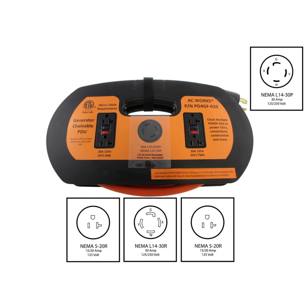 10FT L14-30 30 Amp 10/4 Chainable PDU Extension Cord with 20 Amp GFCI Outlets