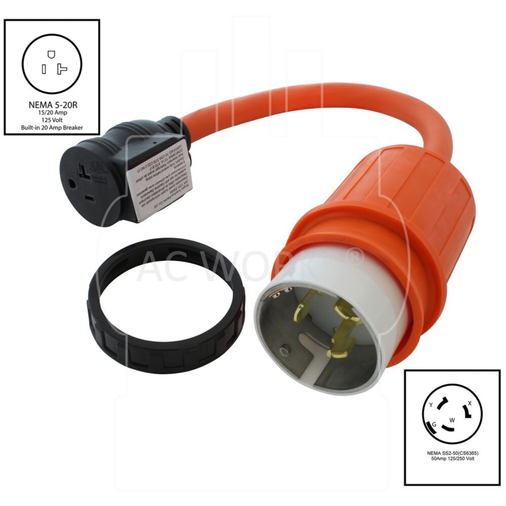 1.5FT 50A CS6365/ SS2-50P Locking Plug to 15/20A Household Outlet with 20A Breaker