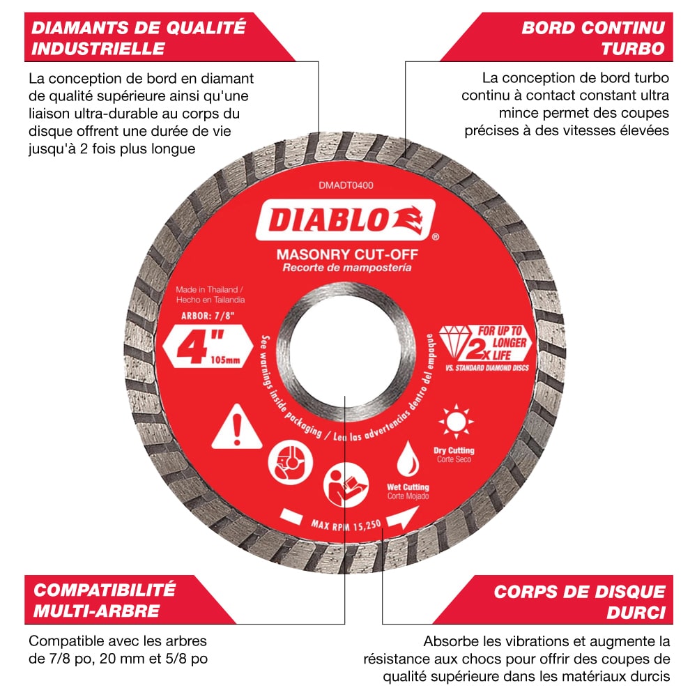 Disques de coupe à bord continu diamanté de 4 po pour la coupe de maçonnerie/carrelage