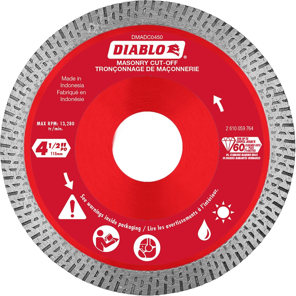 Disques à tronçonner diamantés à jante continue de 4-1/2 po pour la coupe de maçonnerie/carrelage