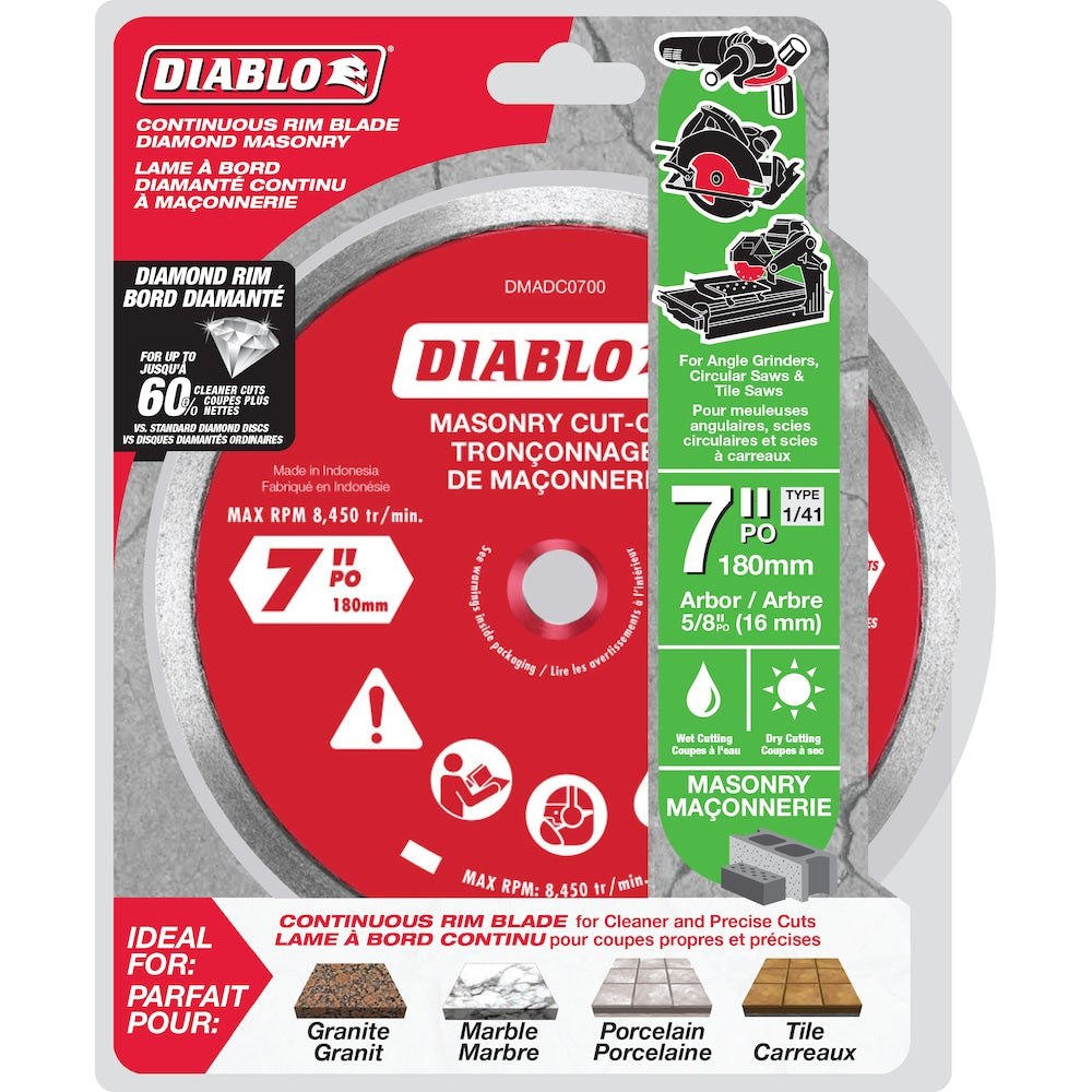 Disques de coupe à bord continu diamanté de 7 po pour la coupe de maçonnerie/carrelage