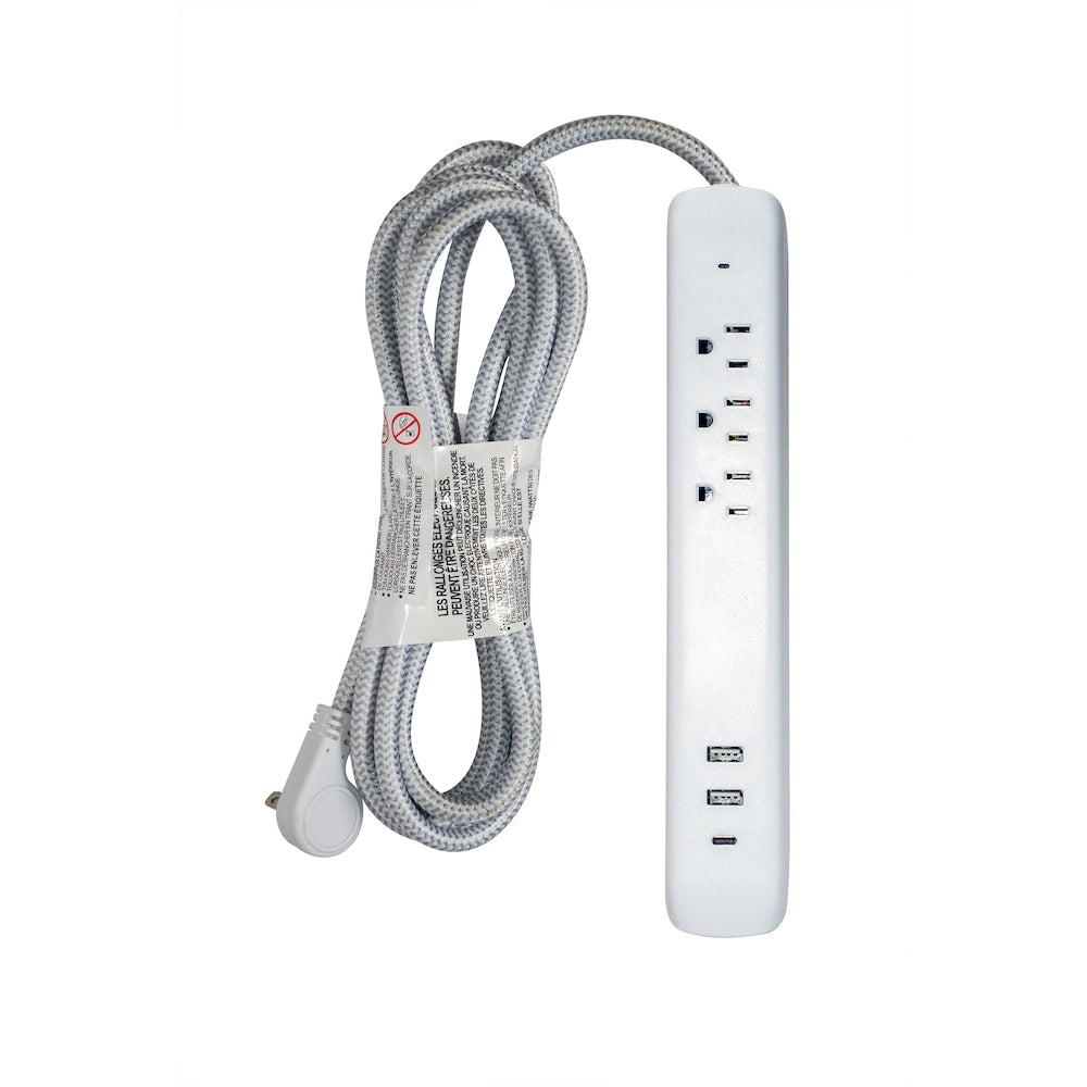 12 ft. 3-Outlet 16 Gauge Light Duty 13 Amps Indoor Extension Cord with 3 USB Charging Ports, White
