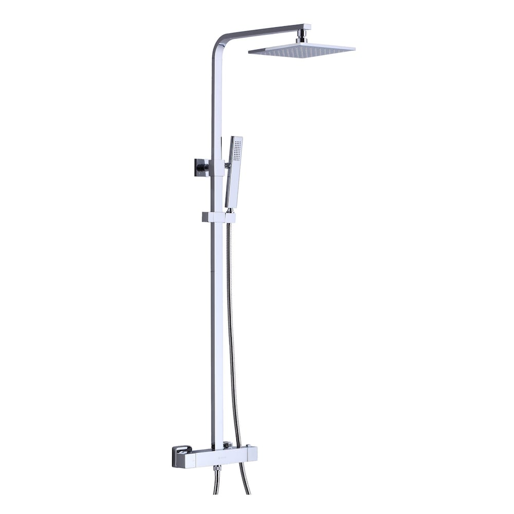 Robinet de douche carré avec douchette à main et barre coulissante en chrome