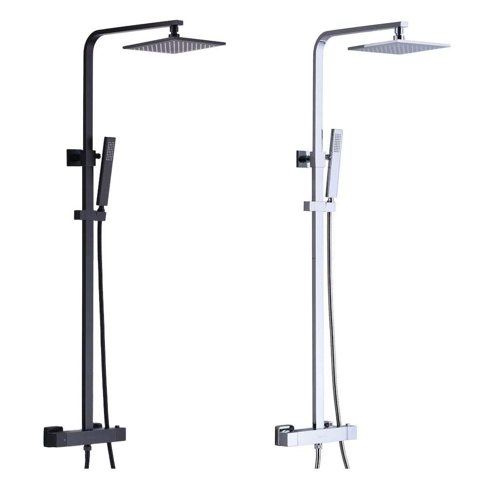 Robinet de douche carré avec douchette à main et barre coulissante en chrome