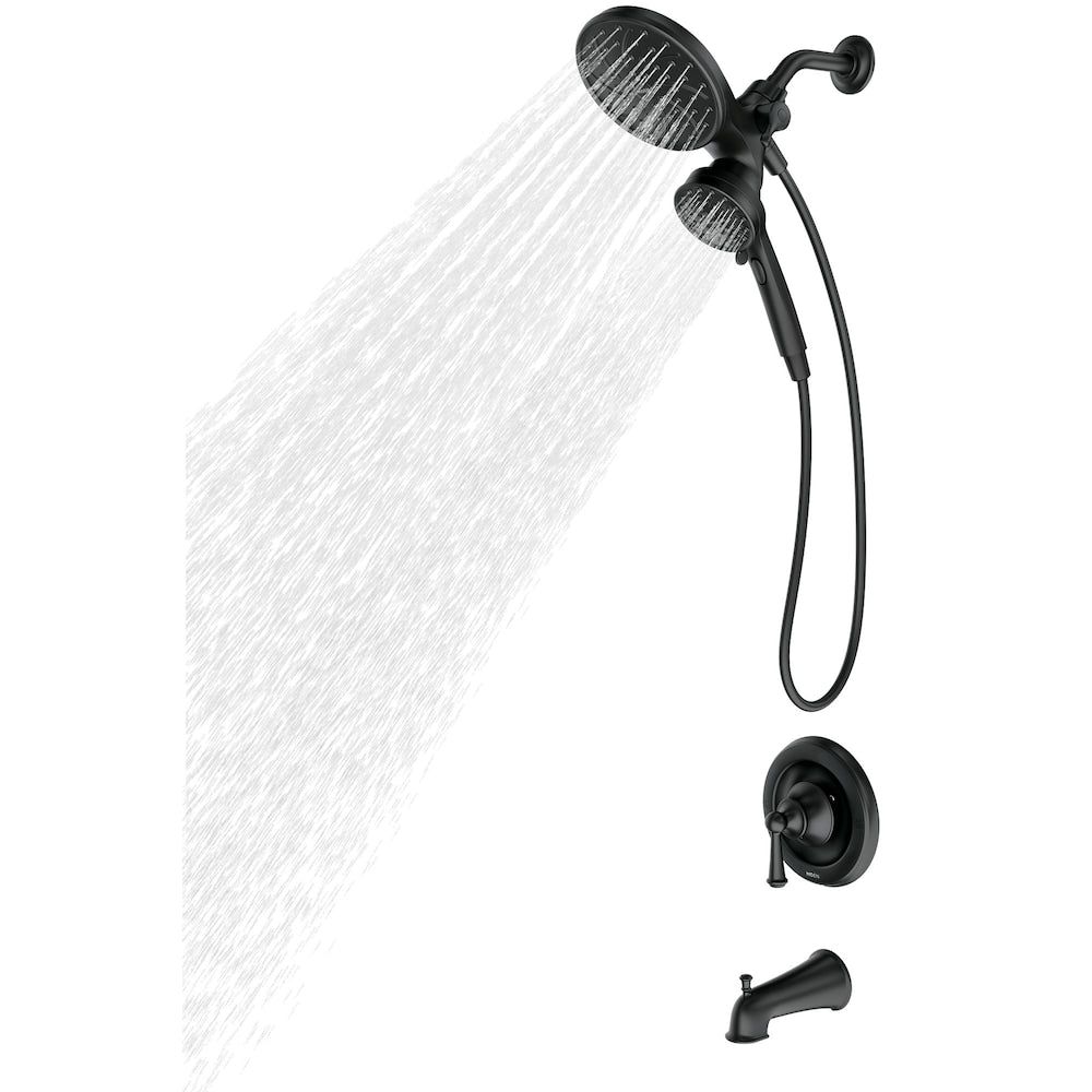 Robinet de baignoire-douche à poignée unique Brecklyn à 6 jets avec pomme de douche à effet pluie Magnetix en noir mat