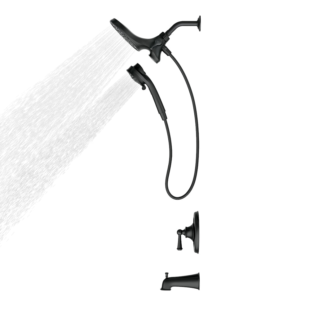 Robinet de baignoire-douche à poignée unique Brecklyn à 6 jets avec pomme de douche à effet pluie Magnetix en noir mat