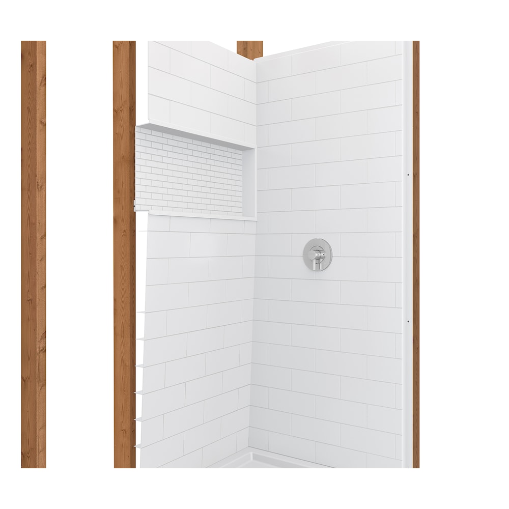 Ensemble de douche pour baignoire NexTile de 60 po L x 30 po l x 81,25 po H avec contour de baignoire en carreaux de métro blancs, niche intégrée, baignoire AcrylX avec drain à gauche et revêtement brut au-dessus du sol