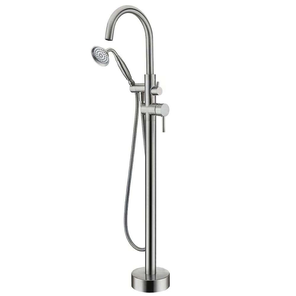 Robinet de baignoire à montage au sol de 6 GPM avec douche à main en nickel brossé
