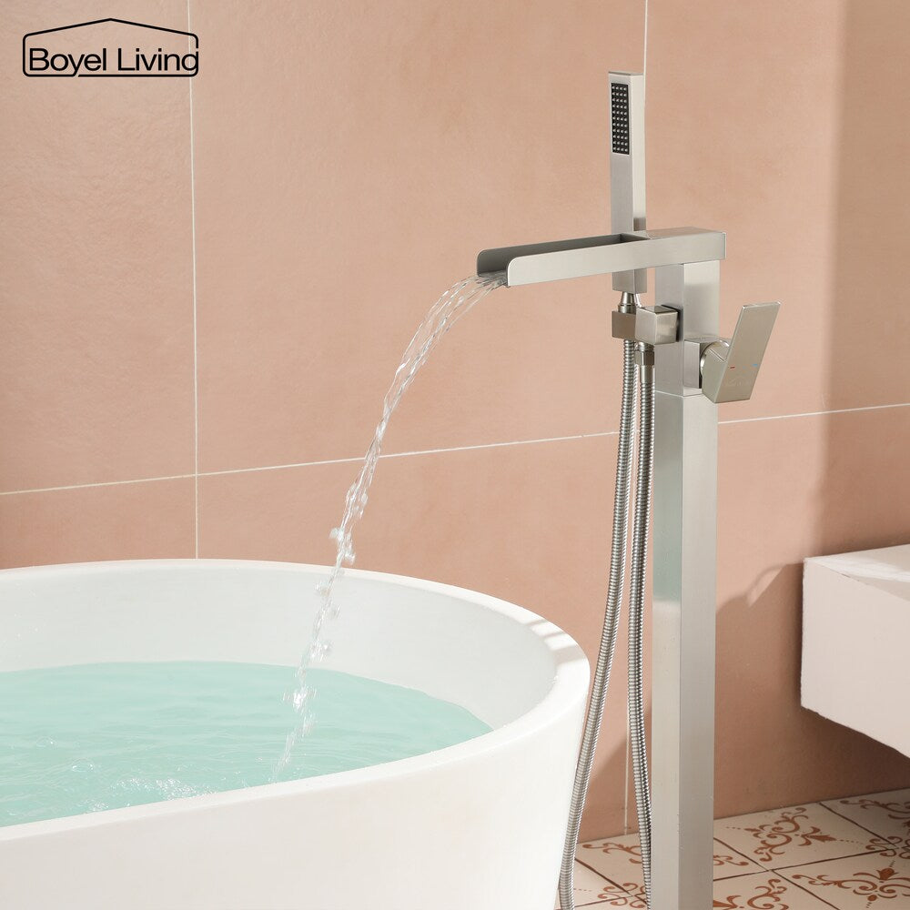 Robinet de baignoire à cascade à montage au sol de 2,4 GPM avec douche à main en nickel brossé