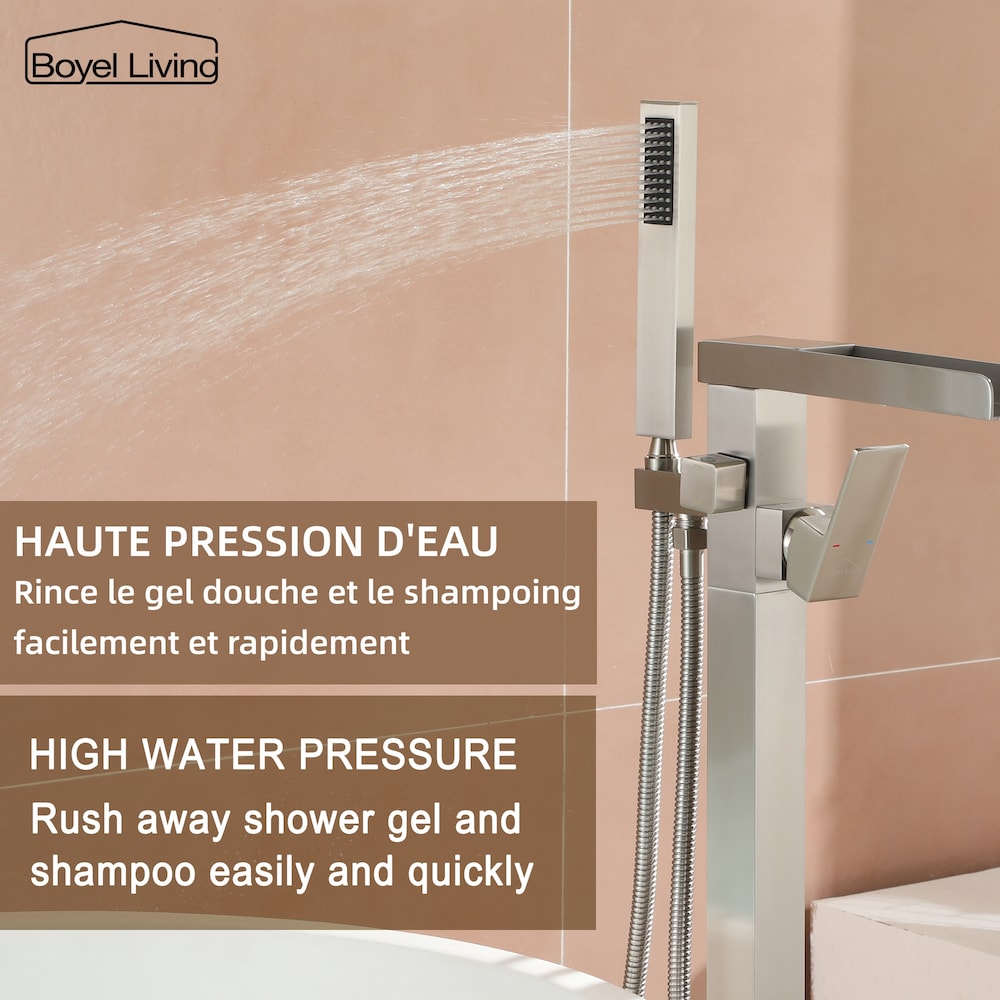 Robinet de baignoire à cascade à montage au sol de 2,4 GPM avec douche à main en nickel brossé