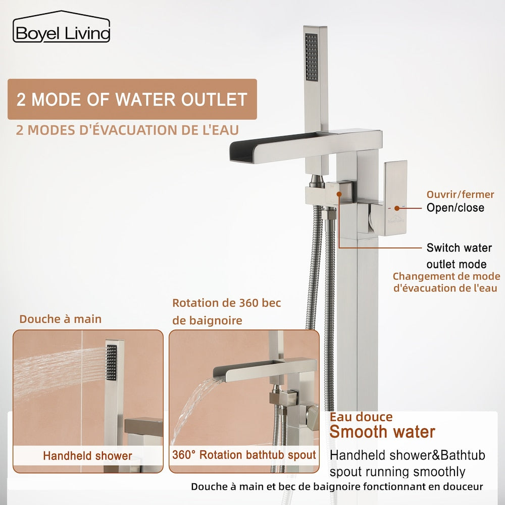 Robinet de baignoire à cascade à montage au sol de 2,4 GPM avec douche à main en nickel brossé