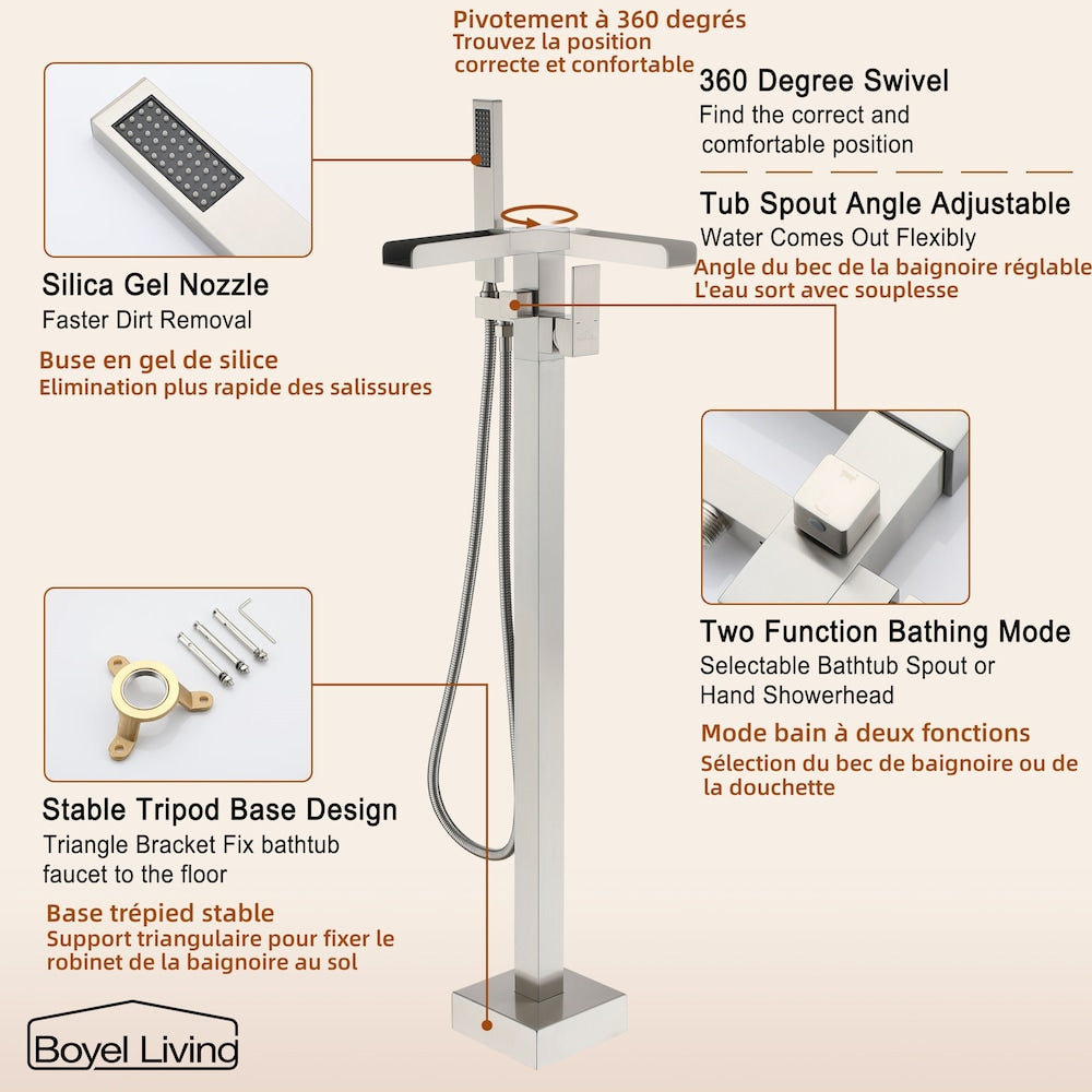 Robinet de baignoire à cascade à montage au sol de 2,4 GPM avec douche à main en nickel brossé