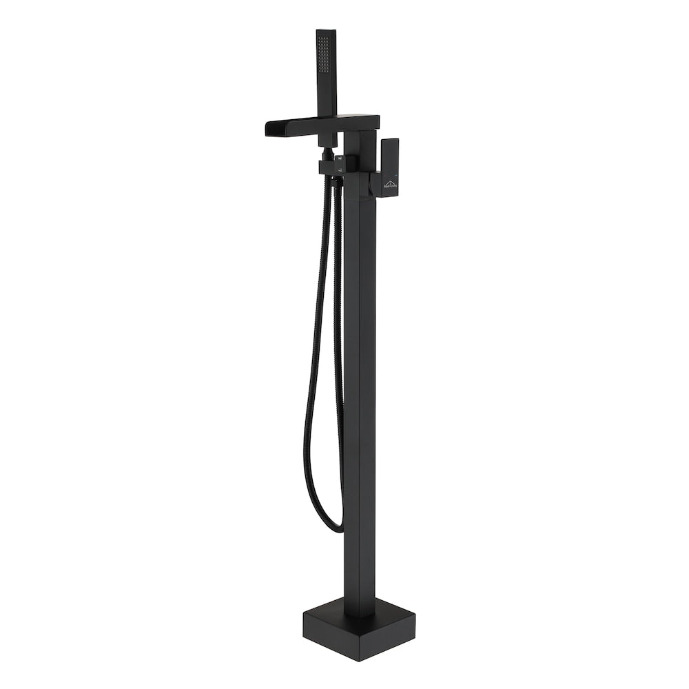 Robinet de remplissage de baignoire autoportant 2,4 GPM, montage au sol avec pomme de douche à main, noir mat