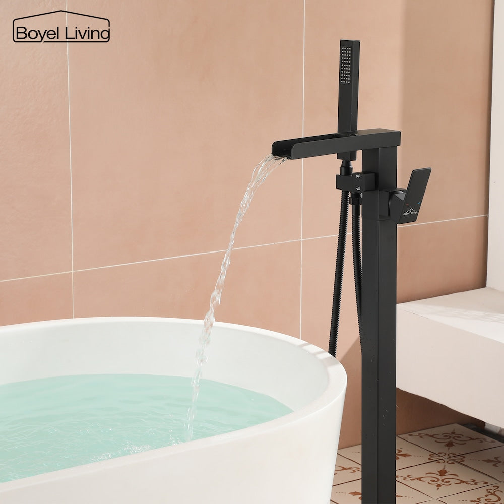 Robinet de remplissage de baignoire autoportant 2,4 GPM, montage au sol avec pomme de douche à main, noir mat