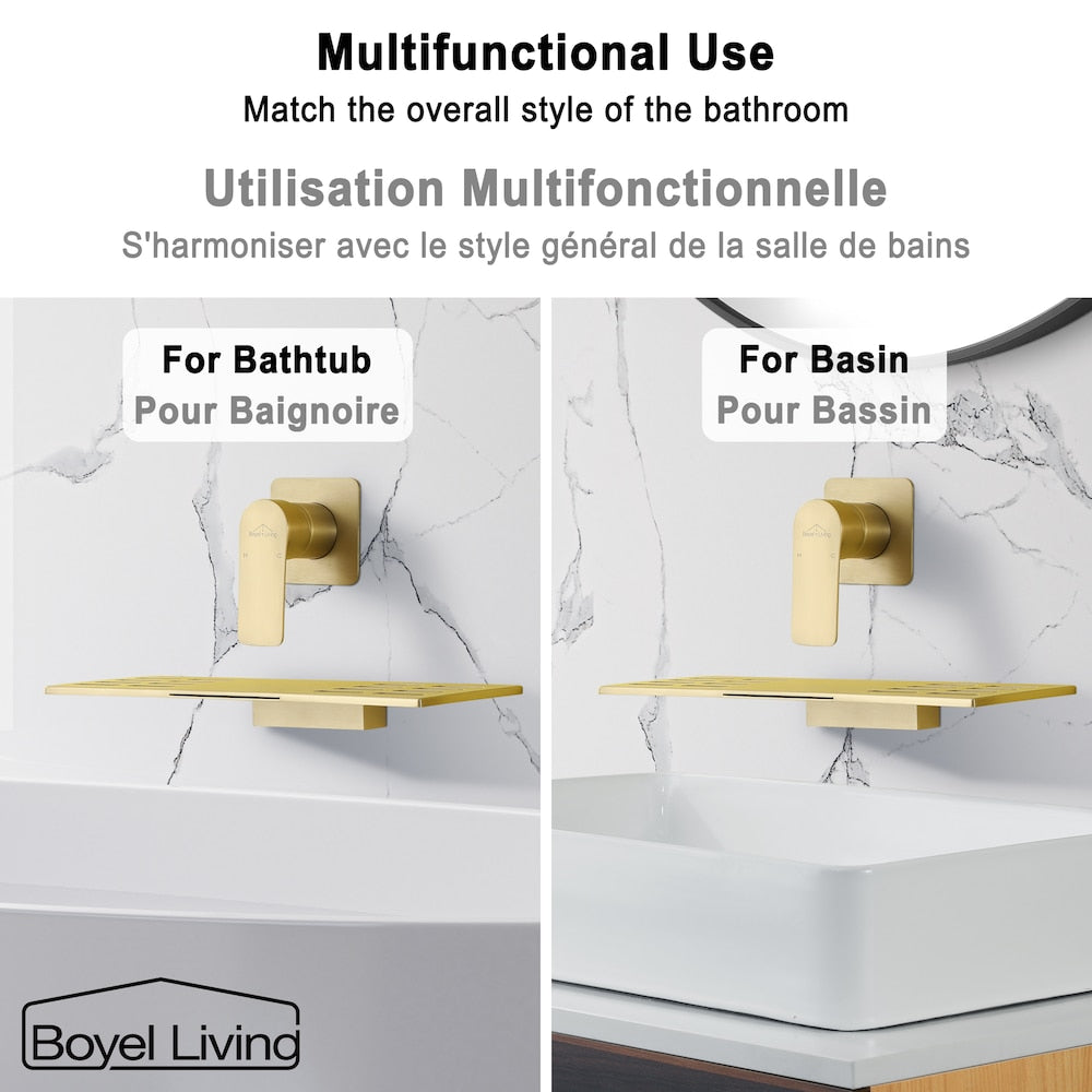 1-Handle Waterfall Solid Brass Bathroom Sink Tub Faucet in Brushed Gold