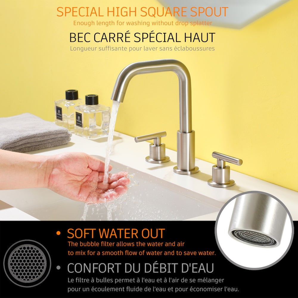 Robinet de salle de bain à 2 poignées avec conduites d'alimentation en eau cUPC en nickel brossé