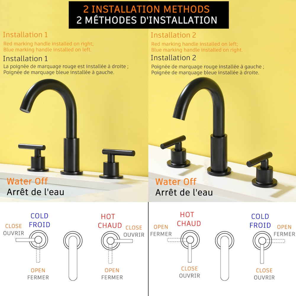 Robinet de lavabo de salle de bain à 2 poignées et 8 po avec valve en noir mat