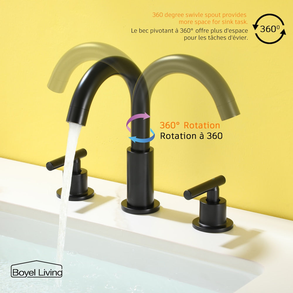 Robinet de lavabo de salle de bain à 2 poignées et 8 po avec valve en noir mat