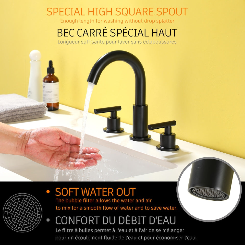 Robinet de lavabo de salle de bain à 2 poignées et 8 po avec valve en noir mat