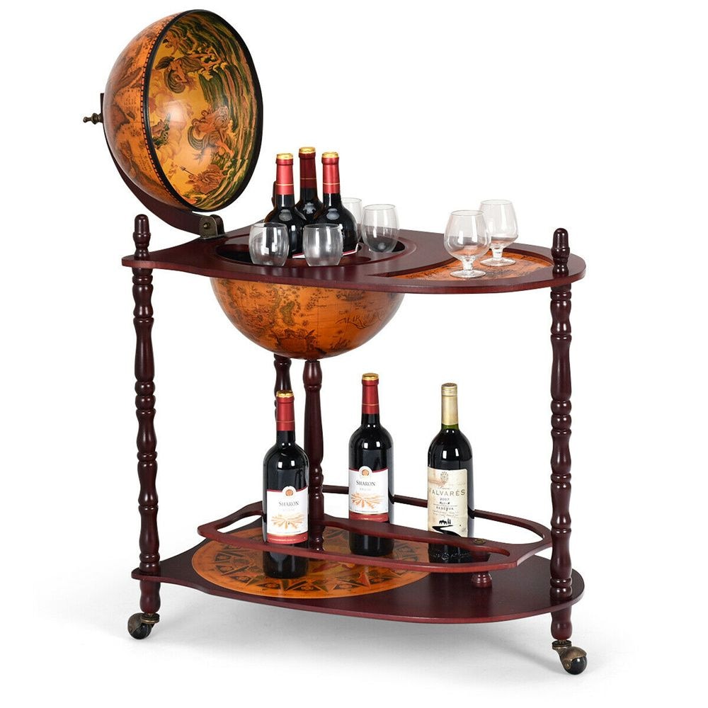 Support de bar à vin en bois Globe 34'' H 16e siècle Étagère à bouteilles d'alcool italienne
