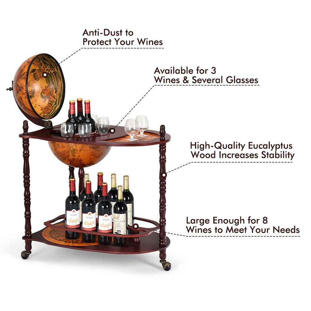 Support de bar à vin en bois Globe 34'' H 16e siècle Étagère à bouteilles d'alcool italienne