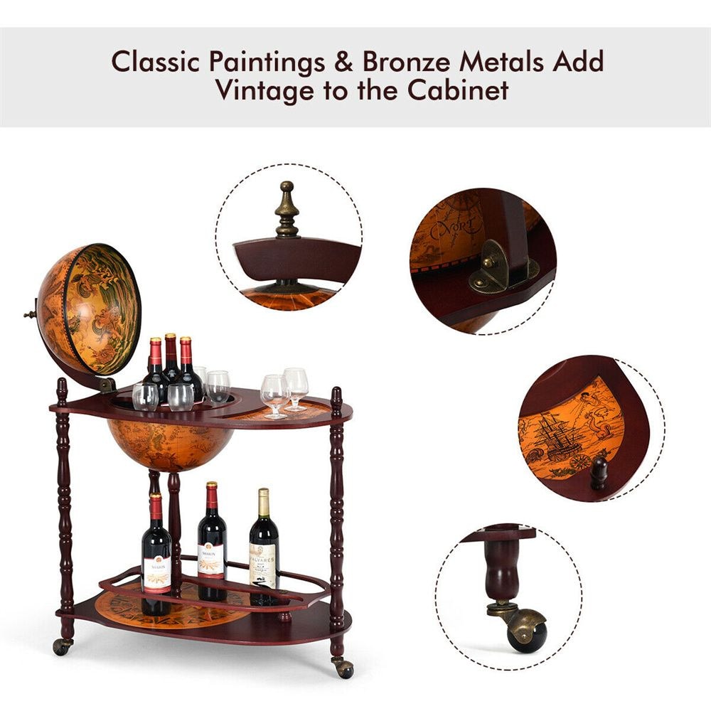 Support de bar à vin en bois Globe 34'' H 16e siècle Étagère à bouteilles d'alcool italienne