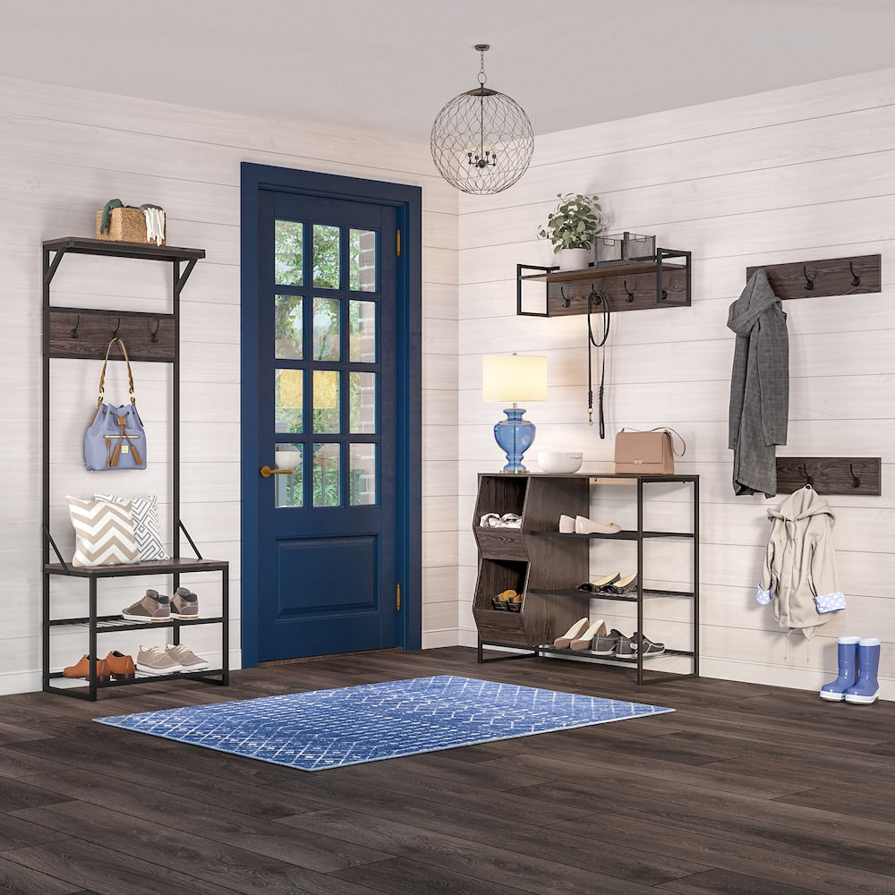 Afton 32-Inch H X 35.88-Inch W X 14.25-Inch D 3-Tier Shoe Rack With Storage Bins In Weathered Wood