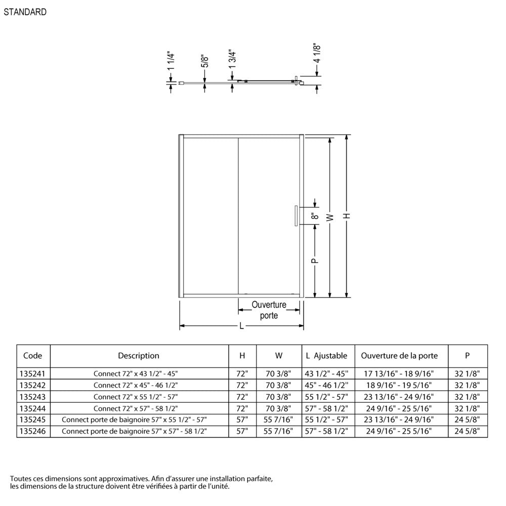 Porte de baignoire coulissante semi-sans cadre Connect 55,5 - 57 L (largeur réglable) x 57 H en chrome avec verre transparent